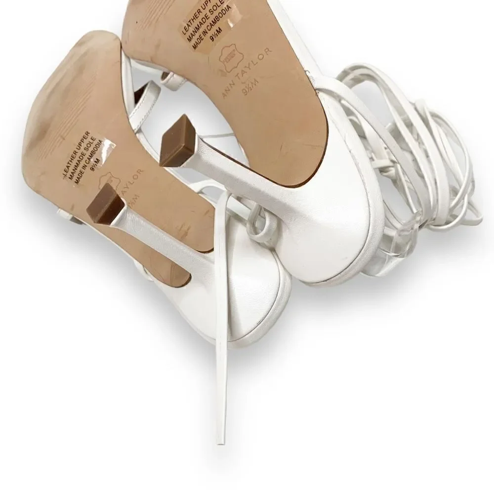 Ann Taylor White Leather Strappy Ankle Wrap Square Toe Sandal Heels Women’s 9.5M